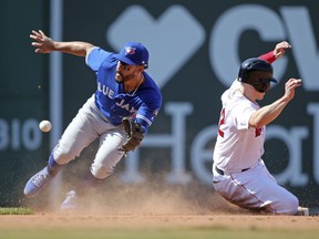 Boston Red Sox's Brock Holt steals second base as Toronto Blue Jays second baseman Devon Travis gathers in the throw in the eighth inning of a baseball game at Fenway Park, Wednesday, May 30, 2018, in Boston.