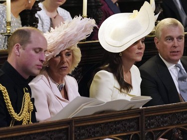 From left, Britain's Prince William, Camilla Duchess of Cornwall, Kate Duchess of Cambridge and Prince Andrew during the wedding service for Prince Harry and Meghan Markle at St. George's Chapel in Windsor Castle in Windsor, near London, England, Saturday, May 19, 2018.