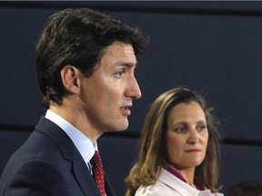 Prime Minister Justin Trudeau and Foreign Affairs Minister Chrystia Freeland speak at a press conference in Ottawa on Thursday, May 31, 2018. Canada is imposing dollar-for-dollar tariff "countermeasures" on up to $16.6 billion worth of U.S. imports in response to the American decision to make good on its threat of similar tariffs against Canadian-made steel and aluminum.