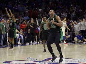 Boston Celtics' Al Horford (42) celebrates after winning Game 3 of an NBA basketball second-round playoff series against the Philadelphia 76ers, Saturday, May 5, 2018, in Philadelphia.