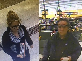 We are looking to identify a female suspect and a male person of interest for fraud, theft and mischief.