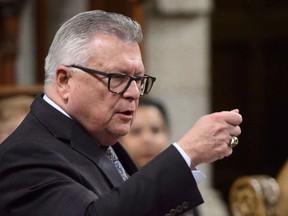 Public Safety and Emergency Preparedness Minister Ralph Goodale stands during question period in the House of Commons on Parliament Hill in Ottawa on Thursday, April 26, 2018. Conservative MPs are calling for action against a Canadian-born, self-described terror recruit reported to be living in Toronto, but Public Safety Minister Ralph Goodale says he can't comment on the case for security reasons.