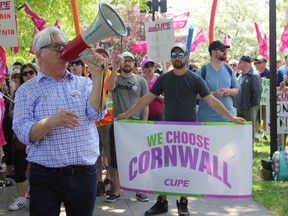 CUPE president Fred Hahn rallies CUPE members who held a rally at city hall on Wednesday May 23, 2018 in Cornwall, Ont. to mark one week of being on strike and welcoming the inside city workers to the picket lines.