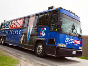 No media allowed: Ontario PC Leader Doug Ford's campaign bus leaves following a stop at Stanpac in Smithville, Ont., May 14, 2018.