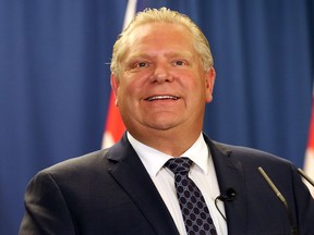 PC Leader Doug Ford speaks to media in Mississauga on Thursday, May 10.