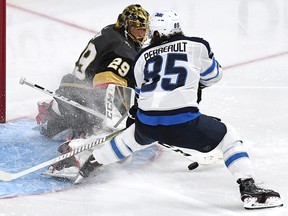 Marc-Andre Fleury of the Vegas Golden Knights stops a shot from Mathieu Perreault of the Winnipeg Jets at T-Mobile Arena on May 18, 2018 in Las Vegas. (Ethan Miller/Getty Images)