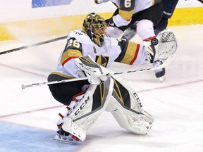 Marc-Andre Fleury of the Vegas Golden Knights makes a save during Game 1 against the Winnipeg Jets. Fleury is reportedly tops among players in playoff merchandise sales.