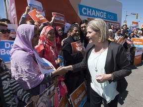 Ontario NDP leader Andrea Horwath greets supporters at a campaign event in Toronto on Tuesday, May 8, 2018.