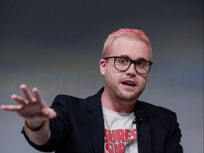 Christopher Wylie, a whistleblower and former employee with Cambridge Analytica, speaks during Bloomberg's Sooner Than You Think technology conference in Paris, France, on Wednesday, May 23, 2018.