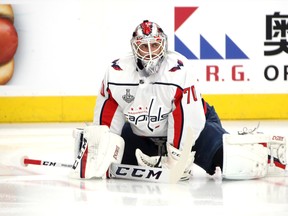 Braden Holtby warms-up prior to Game 2of the Stanley Cup final on Wednesday night in Las Vegas. The Capitals goaltender was the selection of former Washington GM George McPhee, now with the Golden Knights. (Bruce Bennett/Getty Images)