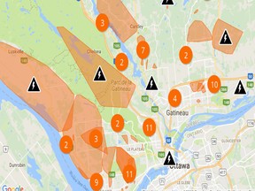 Online map of some of Hydro-Québec outages in the the Outaouais Saturday morning.