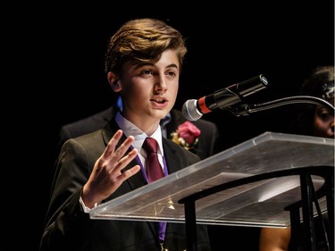 The winner(s) for Featured Actor In a Play: Michael Anthony Picciano, Lester B. Pearson Catholic High School, One Man, Two Guvnors, accept(s) their award, during the annual Cappies Gala awards, held at the National Arts Centre, on May 27, 2018, in Ottawa, Ont.