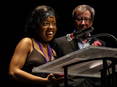 The winner(s) for Featured Actress In a Play: Zoe Johnston, Holy Trinity Catholic High School, Of Mice and Men, accept(s) their award, during the annual Cappies Gala awards, held at the National Arts Centre, on May 27, 2018, in Ottawa, Ont.