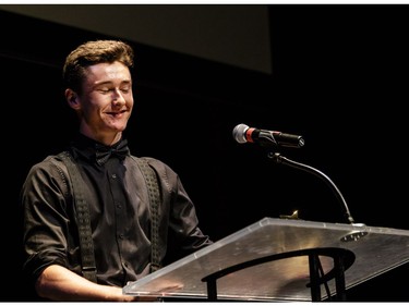 The winner(s) for Male Dancer: Brandon Forcier, Philemon Wright High School, We Will Rock You, accept(s) their award, during the annual Cappies Gala awards, held at the National Arts Centre, on May 27, 2018, in Ottawa, Ont.