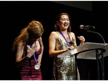 The winner(s) for Choreography: Taeyun Moon (R), Ocean Williams (L), Philemon Wright High School, We Will Rock You, accept(s) their award, during the annual Cappies Gala awards, held at the National Arts Centre, on May 27, 2018, in Ottawa, Ont.
