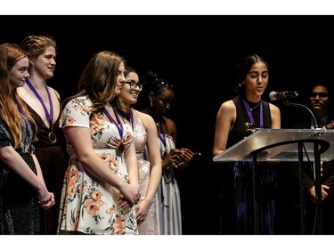 The winner(s) for Marketing and Publicity: Abigail Butler (2ndFL), Zaina Khan (4thFL), Jagnoor  Saran (R), Stephanie Townsend (3rdFL), Elmwood School, Oliver Twist, accept(s) their award, during the annual Cappies Gala awards, held at the National Arts Centre, on May 27, 2018, in Ottawa, Ont.