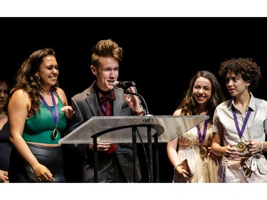 The winner(s) for Ensemble in a Play: F.A.B.U.L.O.U.S., Ike Fardy (2ndFL), Davis Dewan (2ndFR), Bessan Amer (R), Longfields-Davidson Heights Secondary School, The Bullying Collection, accept(s) their award, during the annual Cappies Gala awards, held at the National Arts Centre, on May 27, 2018, in Ottawa, Ont.