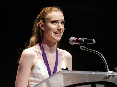The winner(s) for Comic Actress in a Musical: Helen Patriarche, Sir Robert Borden High School, Lucky Stiff, accept(s) their award, during the annual Cappies Gala awards, held at the National Arts Centre, on May 27, 2018, in Ottawa, Ont.