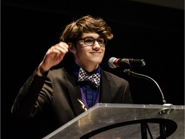 The winner(s) for Comic Actor in a Musical: Dexter Hunter-Laroche, Merivale High School, Disenchanted, accept(s) their award, during the annual Cappies Gala awards, held at the National Arts Centre, on May 27, 2018, in Ottawa, Ont.