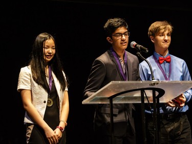 The winner(s) for Special Effects and/or Technology: Ritik Chanchlani (M), Luka Hinic (R), Ruidi Liu (L), Earl of March Secondary School, Into the Woods, accept(s) their award, during the annual Cappies Gala awards, held at the National Arts Centre, on May 27, 2018, in Ottawa, Ont.