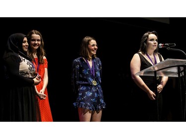 The winner(s) for Make-up: The Mad Makeup Crew, St. Francis Xavier High School, Alice in Wonderland, accept(s) their award, during the annual Cappies Gala awards, held at the National Arts Centre, on May 27, 2018, in Ottawa, Ont.
