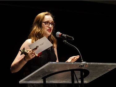 The winner(s) for Female Vocalist: Rebecca White, Sir Wilfrid Laurier Secondary School, Phantom of the Opera, accept(s) their award, during the annual Cappies Gala awards, held at the National Arts Centre, on May 27, 2018, in Ottawa, Ont.
