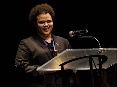 The winner(s) for Props: Nicholas Gray-Grant, Lester B. Pearson Catholic High School, One Man, Two Guvnors, accept(s) their award, during the annual Cappies Gala awards, held at the National Arts Centre, on May 27, 2018, in Ottawa, Ont.