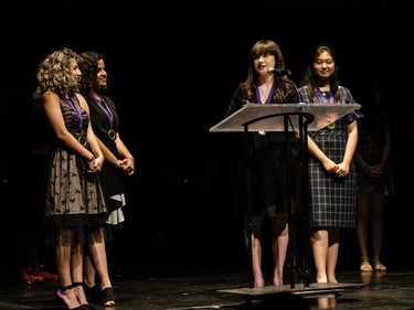 The winner(s) for Costumes: Diya Dadlani (2ndRL), Carine Ladki (L), Cindy Li (R), Paige Saunders (2ndFR), Elmwood School, Oliver Twist, accept(s) their award, during the annual Cappies Gala awards, held at the National Arts Centre, on May 27, 2018, in Ottawa, Ont.