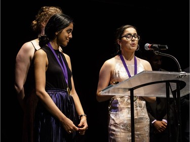 The winner(s) for Lighting: Abigail Butler (L), Zaina Khan (R), Jagnoor Saran (2ndFL), Elmwood School, Oliver Twist, accept(s) their award, during the annual Cappies Gala awards, held at the National Arts Centre, on May 27, 2018, in Ottawa, Ont.