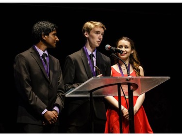 The winner(s) for Sound: Brogahn Gauthier (R), Ben Langille (M), Rajessen Sanassy (L), Longfields-Davidson Heights , accept(s) their award, during the annual Cappies Gala awards, held at the National Arts Centre, on May 27, 2018, in Ottawa, Ont.