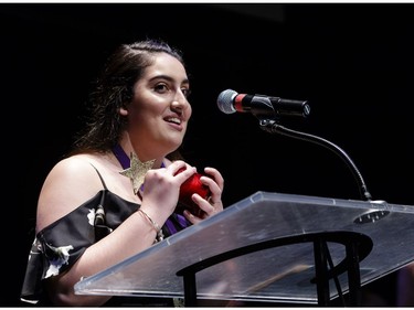 The winner(s) for Supporting Actress in a Play: Leen Zaghloul, Elmwood School, Oliver Twist, accept(s) their award, during the annual Cappies Gala awards, held at the National Arts Centre, on May 27, 2018, in Ottawa, Ont. (Jana Chytilova / Postmedia Network)   ORG XMIT: JACH3851