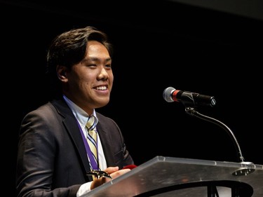 The winner(s) for Supporting Actor in a Musical: Patrick Soukbandith, A. Y. Jackson Secondary School, Urinetown: The Musical, accept(s) their award, during the annual Cappies Gala awards, held at the National Arts Centre, on May 27, 2018, in Ottawa, Ont.