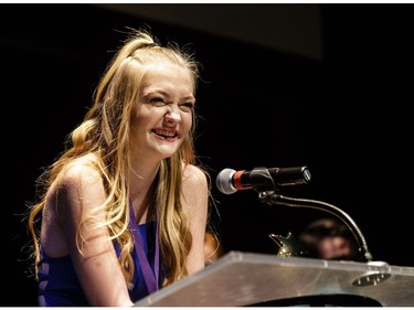 The winner(s) for Lead Actress in a Play: Morgan Churchill, St. Francis Xavier High School, Alice in Wonderland, accept(s) their award, during the annual Cappies Gala awards, held at the National Arts Centre, on May 27, 2018, in Ottawa, Ont.