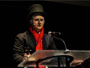 The winner(s) for Lead Actor in a Play: Rob Kemp, St. Mother Teresa High School, A Christmas Carol, accept(s) their award, during the annual Cappies Gala awards, held at the National Arts Centre, on May 27, 2018, in Ottawa, Ont. (Jana Chytilova / Postmedia Network)   ORG XMIT: JACH3946