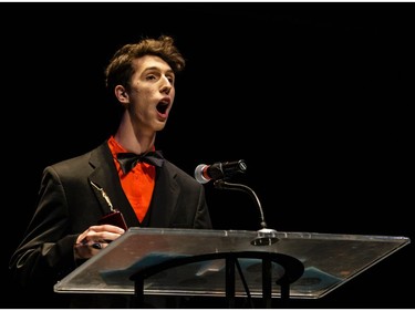 The winner(s) for Lead Actor in a Musical: Phillip Lukic, Sir Wilfrid Laurier Secondary School, Phantom of the Opera, accept(s) their award, during the annual Cappies Gala awards, held at the National Arts Centre, on May 27, 2018, in Ottawa, Ont.