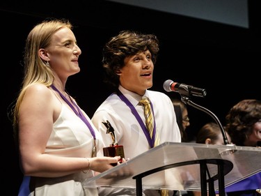The winner(s) for Song: Run Freedom Run, A. Y. Jackson Secondary School, Urinetown: The Musical, accept(s) their award, during the annual Cappies Gala awards, held at the National Arts Centre, on May 27, 2018, in Ottawa, Ont.