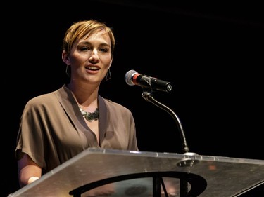 Michelle Richardson, Editor-in-Chief, Ottawa Citizen presents the Cappies award for Critic Team, during the annual Cappies Gala awards, held at the National Arts Centre, on May 27, 2018, in Ottawa, Ont.