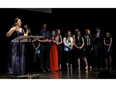 The winner(s) for Critic Team: All Saints High School, lead critic, Evenlyn Ashworth, accept(s) their award, during the annual Cappies Gala awards, held at the National Arts Centre, on May 27, 2018, in Ottawa, Ont.