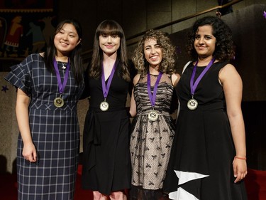 Cappies nominees from Elmwood School for Costumes arrive on the Red Carpet, prior to the start of the annual Cappies Gala awards, held at the National Arts Centre, on May 27, 2018, in Ottawa, Ont.