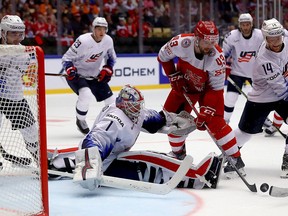 Nichlas Hardt of Denmark fails to score over Keith Kinkaid, goaltender of United States during the 2018 IIHF Ice Hockey World Championship group stage game between Denmark and United States at Jyske Bank Boxen on May 5, 2018 in Herning, Denmark. (Martin Rose/Getty Images)