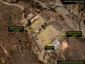 This satellite image released and notated by Airbus Defense & Space and 38 North on April 12, 2017, shows the Punggye-ri nuclear test site in North Korea.