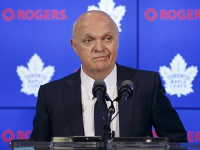 Toronto Maple Leafs general manager Lou Lamoriello speaks to reporters in Toronto on Friday, April 27, 2018.