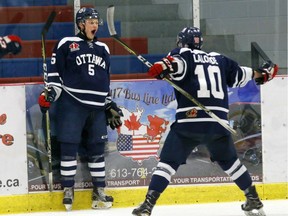 Left: Micheal Thomas (#5) Ottawa Junior Senators Right: Nick Lalonde (#10) Ottawa Junior Senators Goal Celebration