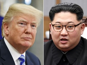 FILE- In this combination of file photos, U.S. President Donald Trump, left, in the Oval Office of the White House in Washington on May 16, 2018, and North Korean leader Kim Jong Un in a meeting with South Korean leader Moon Jae-in in Panmunjom, South Korea, on April 27, 2018. Foreign journalists will get the chance to journey deep into the mountains of North Korea this week to observe the closing of the country's Punggye-ri nuclear test site, a much-touted display of goodwill ahead of leader Kim Jong Un's planned summit with President Donald Trump in June, 2018.