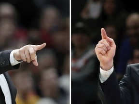 FILE - At left, in a March 3, 2018, file photo, Cleveland Cavaliers head coach Tyronn Lue yells instructions to players in the first half of an NBA basketball game against the Denver Nuggets, in Cleveland. At right, in a Feb. 24, 2018, file photo, Boston Celtics coach Brad Stevens gestures to a player during the second half of the team's NBA basketball game against the New York Knicks, in New York. They've been intertwined for more than a year _ from a summer blockbuster trade, from opening night, from afar. And although there were long stretches when it seemed impossible that the Cleveland Cavaliers and Boston Celtics would meet in the Eastern Conference finals, they're set to clash for the third time in four years. (AP Photo/File)