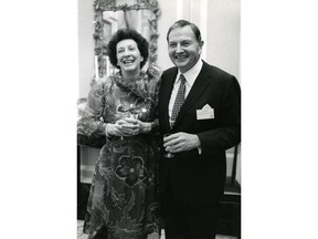 This undated photo provided by Christie's Images Ltd. 2018 shows oil-family scion David Rockefeller and his wife Peggy. Their art collection could raise more than $500 million for charity when it is auctioned by Christie's starting Tuesday evening, May 8, 2018 in New York. Hundreds of artworks including major paintings by Claude Monet, Henri Matisse and Pablo Picasso, from the collection are being sold to benefit cultural, educational, medical and environmental charities. (Christie's Images Ltd. 2018 via AP)