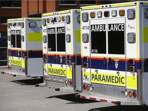 Ambulances lined up to offload patients into the ER at the Civic Hospital in Ottawa Thursday May 17, 2018.