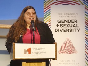 Calla Barnett, Board President of the Canadian centre for Gender & Sexual Diversity, speaks at the Canadian Museum of History in Gatineau Thursday May 17, 2018.