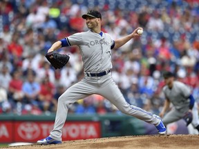 Toronto Blue Jays starting pitcher J.A. Happ throws during the first inning of a baseball game against the Philadelphia Phillies, Sunday, May 27, 2018, in Philadelphia.