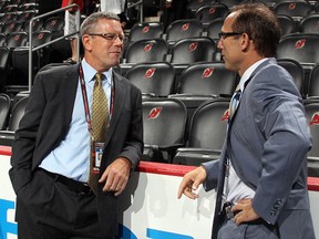 Nashville Predators assistant general manager Paul Fenton speaks with hockey analyst Ray Ferraro during the 2013 NHL Draft at the Prudential Center on June 30, 2013 in Newark, New Jersey. (Bruce Bennett/Getty Images)